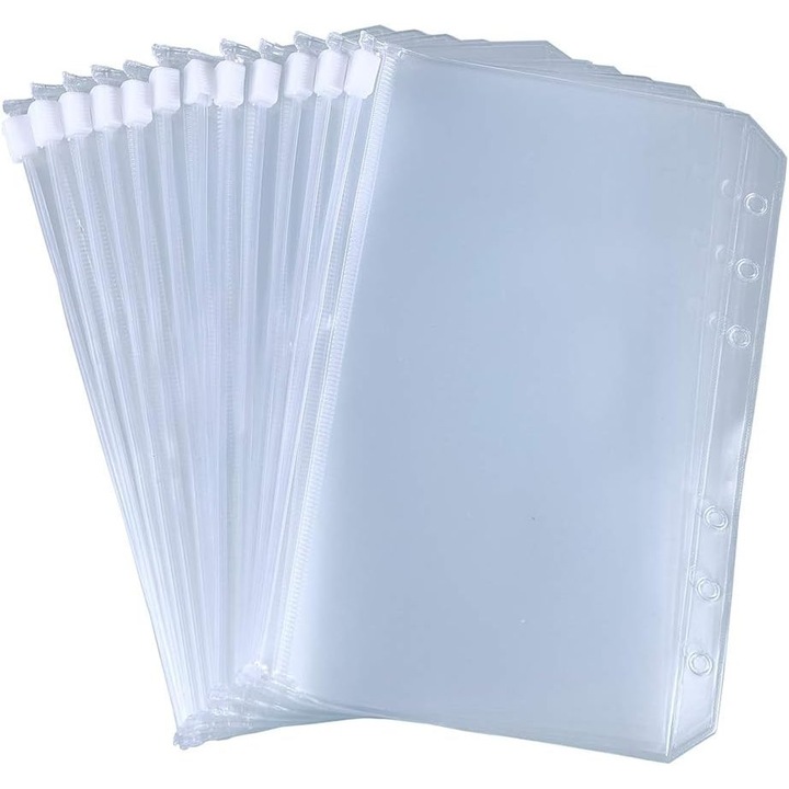Set 12 folii cu fermoar A6, 17.8x10.6cm, pentru organizare documente, transparente