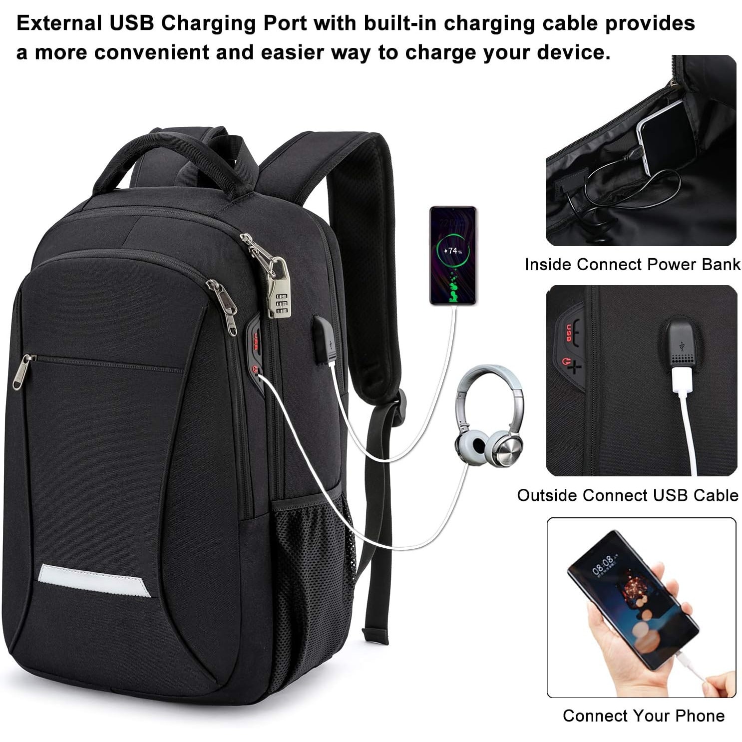 Rucsac laptop 15.6 inch, USB, negru, 46x25x30cm