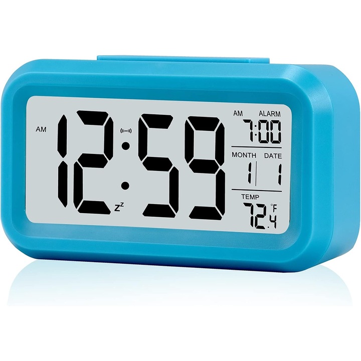 Ceas de birou digital, cu alarma, functie de termometru, culoare albastra, 13.6x7.8x4.6cm