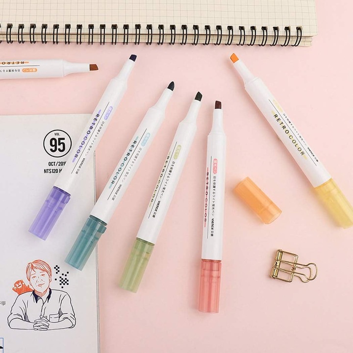 Set 6 markere pastel, varf zimtat, uscare rapida, 12.5cm