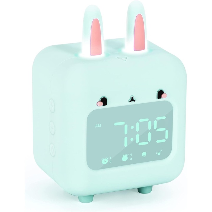 Ceas desteptator digital pentru copii, cu iepuras, functie de lumina de noapte, verde, 8.4x6.9x12.3cm