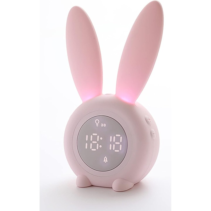 Ceas desteptator pentru copii, design iepuras, lumina colorata, functie snooze, 17.5x9.4x7.3cm