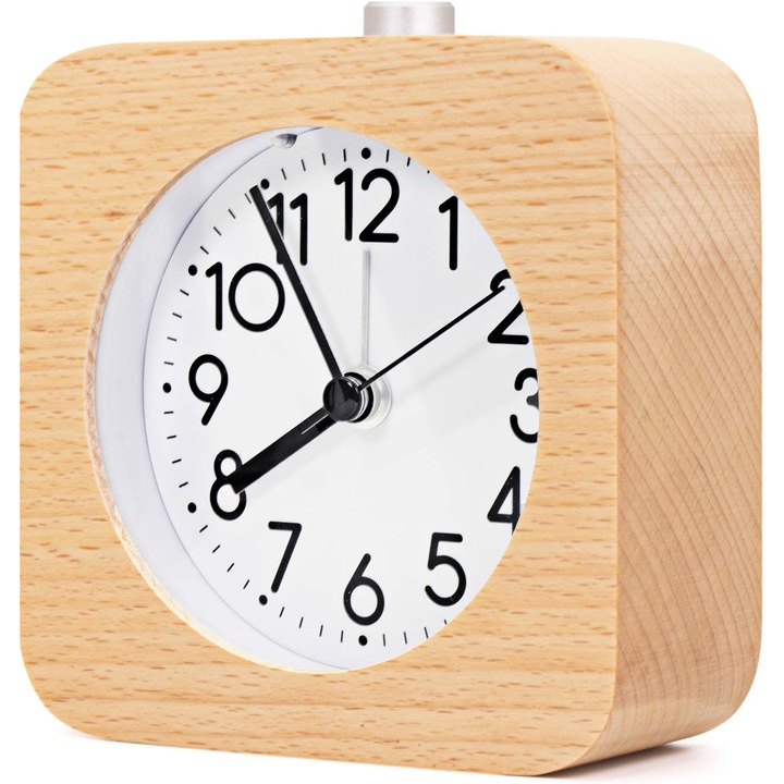 Ceas de alarma analogic din lemn, design retro, iluminare nocturna, 9.8x9.8cm