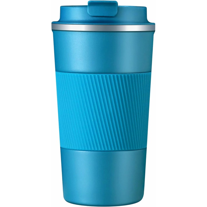 Cana termica de calatorie, 18/8 otel inoxidabil, capac cu inchidere ermetica, albastra, 14.5x9x6.5cm