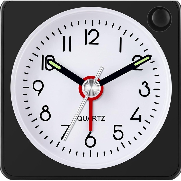 Ceas de alarma analogic, ultra mic, functie de amanare si lumina, negru, 5.5x5.5x2.5cm