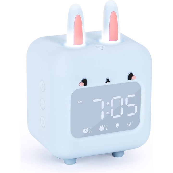 Ceas desteptator digital pentru copii, model iepuras, lumina de noapte, albastru