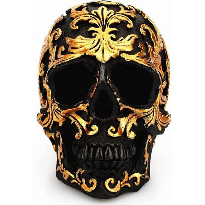 Halloween dekoráció, Műgyanta koponya, 10x6x8.5cm, Arany/Fekete