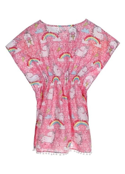 ANTBRO® Gyermek Strand Kaftán – Pamut, Rózsaszín, Egyszarvúval, Szivárvánnyal és Pomponnal – Könnyű, Kényelmes Ruha, Ideális Nyárra, Medencéhez és Nyaralásra