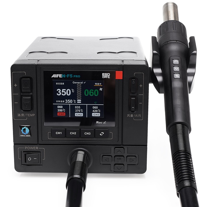 Aifen F5 Pro forrasztóállomás, TECHREBAL, forró levegős, 1000W, kompakt kialakítás, precíz vezérlés, 15,5x22x14cm