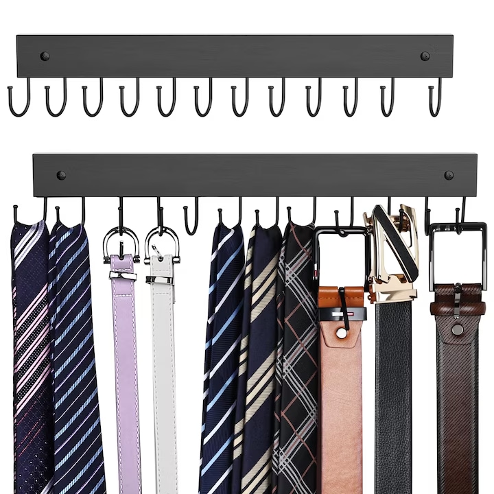 Set 2 Cuiere din Lemn, Capacitate 24 Curele, Design Rotativ 180, Negru