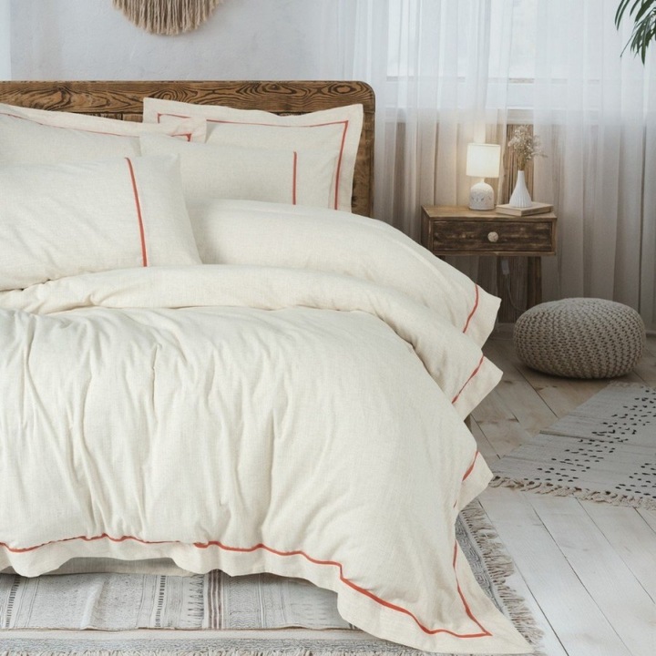 Lenjerie pat dublu, in si bumbac, 240 x 260 cm, 6 piese, Cotton Box, Banded Orange