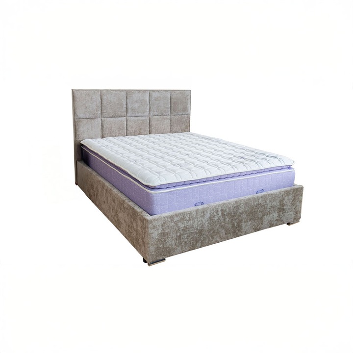 Pat de Dormitor Klaus 3, lemn masiv, cu somiera fixa din metal inclusa, 140x200 cm, stofa bej deschis