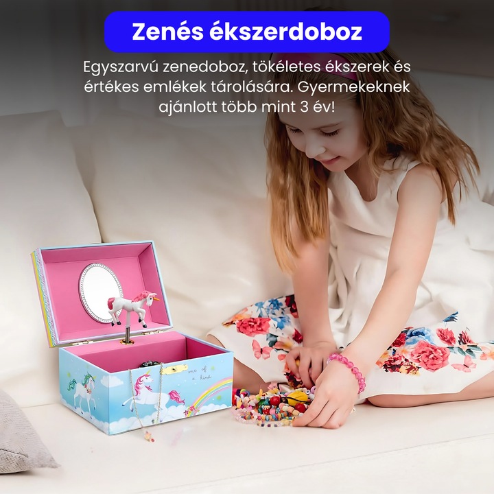BRAGUS zenélő doboz, egyszarvúval, ékszerek tárolására, 3 évesnél idősebb gyermekek számára ajánlott, rózsaszín belsővel