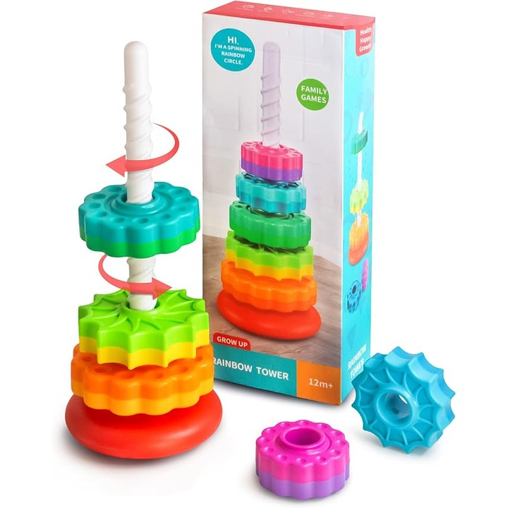 Színes forgó tornyokból álló oktatójáték-készlet, 1 éves kortól, 13x35,6 cm