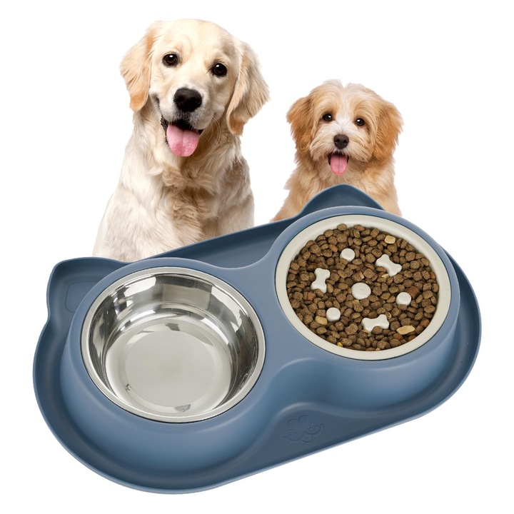 Bol pentru apa si hrana din otel inoxidabil, anti-alunecare, albastru, pentru caini si pisici mici si medii