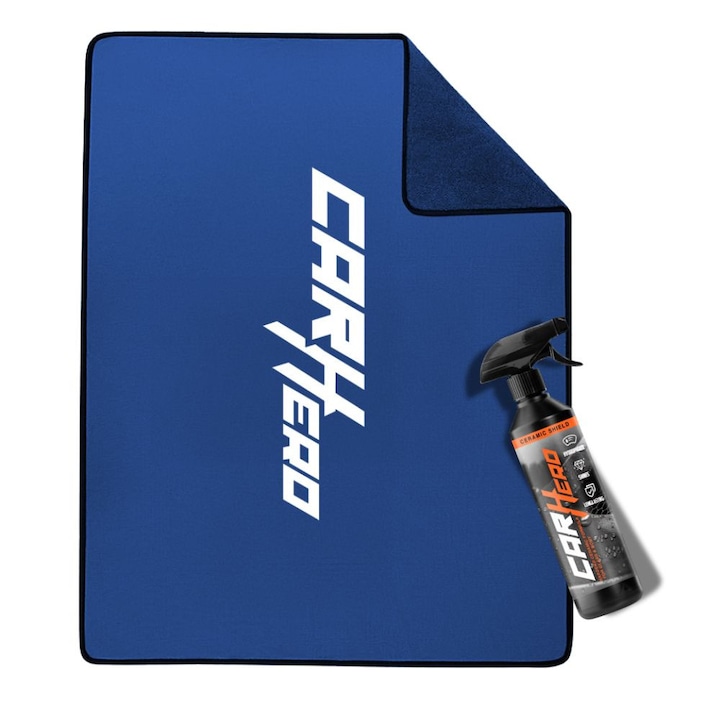 Pachet Protectie si Uscare Auto Car Hero – Ceramic Shield V2, 500ml + Prosop Microfibra 95x65cm, 800GSM, Protectie Ceramica Hidrofoba pentru Vopsea, Anti-UV, Luciu Intens, Uscare Rapida, Reutilizabil, Profesionall