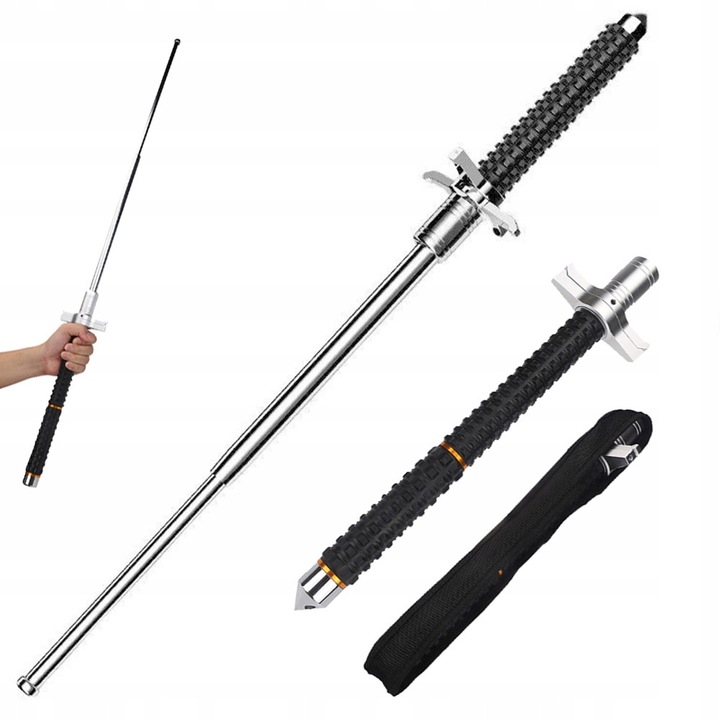 Телескопична палка за самозащита, Suness®, 24 см-66 см, с гумени елементи и дръжка, чупещо стъкло, легирана стомана 4140, черно и сребристо