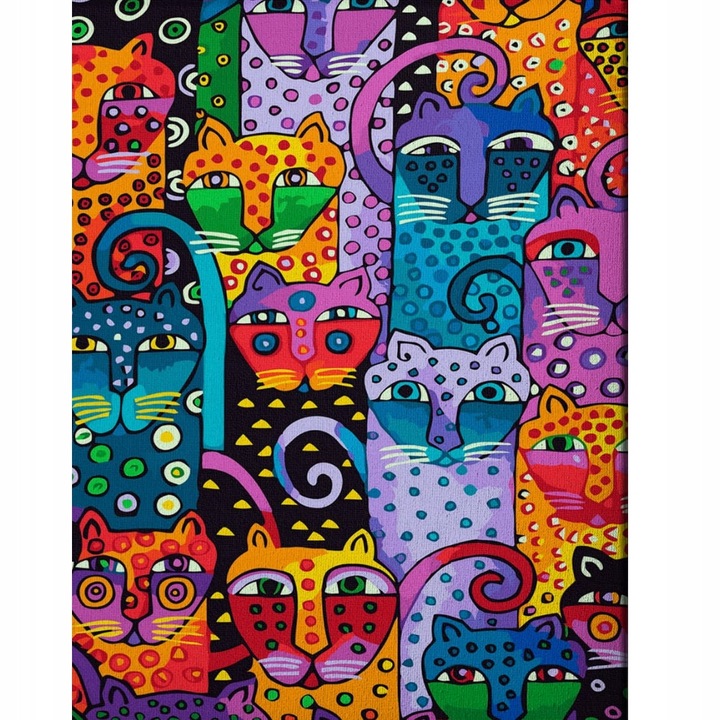 Set Pictura pe Numere cu Rama, Pisici Colorate, Nerd Hunters, Panza, Vopsele Acrilice, Pensule, 40 cm x 50 cm