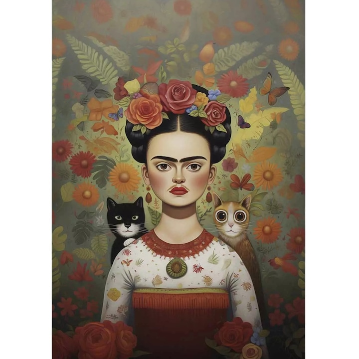 Set Pictura pe Numere cu Rama, Frida Pisici, Nerd Hunters, Panza, Vopsele Acrilice, Pensule, 40 cm x 50 cm