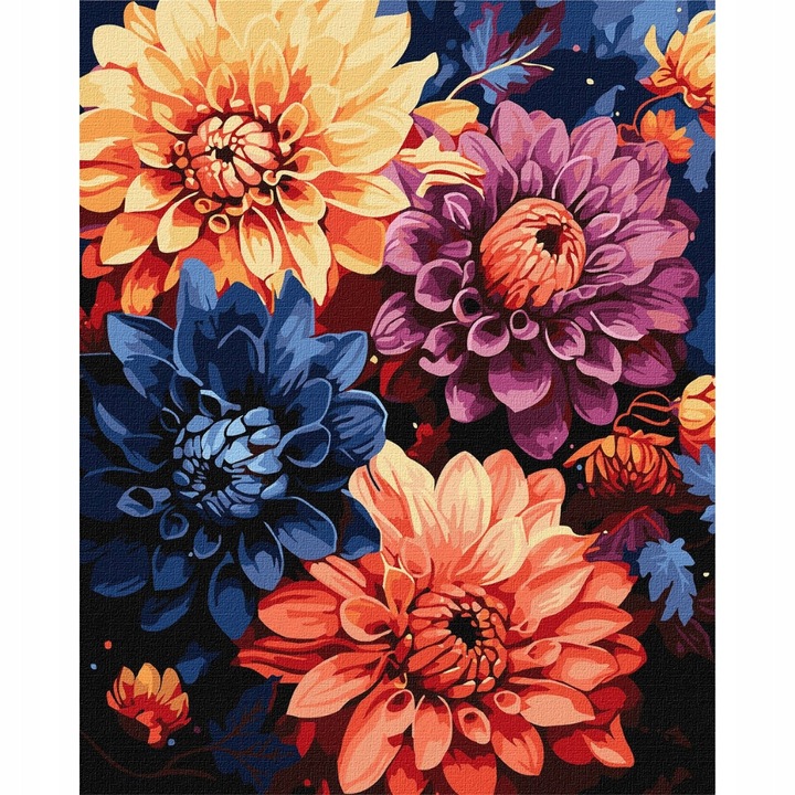 Set Pictura pe Numere cu Rama, Crizanteme Colorate, Nerd Hunters, Panza, Vopsele Acrilice, Pensule, 40 cm x 50 cm