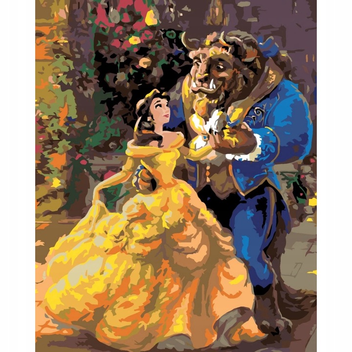 Set Pictura pe Numere cu Rama, Frumoasa Si Bestia, Disney, Panza, Vopsele Acrilice, Pensule, 40 cm x 50 cm