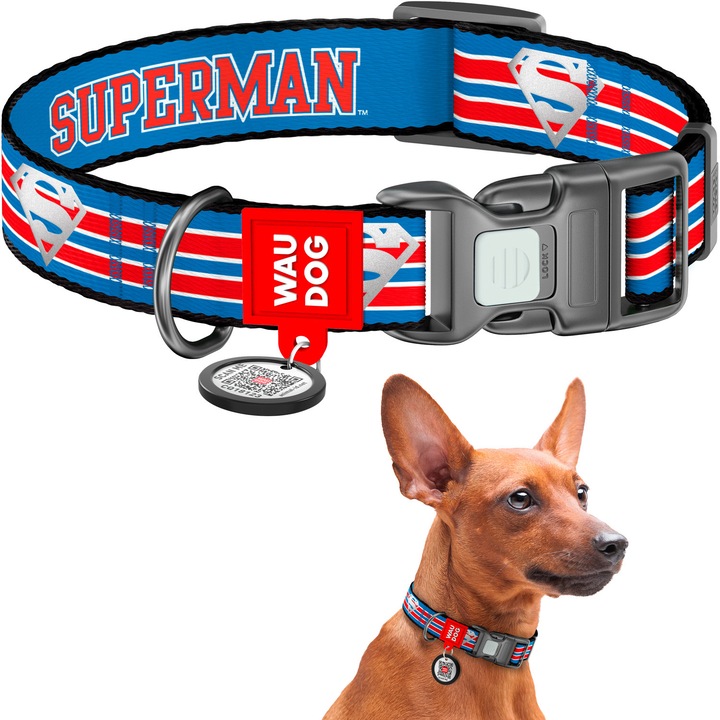 Zgarda pentru caini, WAUDOG, Nylon, cu pasaport QR, reflectorizanta, Superman Retro, L, 33-49 cm 25 mm