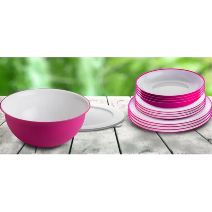 Set vesela din plastic rezistent Sanaliving Pic-Nic Pack 14 buc Fucsia