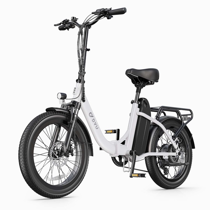 Összecsukható elektromos kerékpár, DYU C9, 20"-os kerekek, 250 W-os motor, 48 V-os 15,6 Ah-s akkumulátor, maximális sebesség 25 km/h, fehér