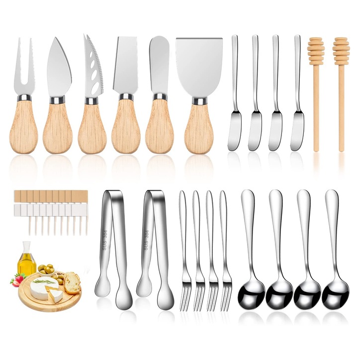 Set ustensile pentru branza MWAOWM, 23 piese, cu manere din lemn, cutite, furculite, linguri, clesti, marker pentru branza
