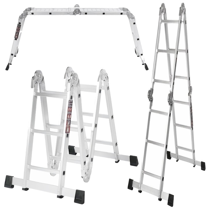 Csuklós létra platformmal, Kraft&Dele, Kd4070, Alumínium, Maximális teherbírás: 150 Kg, 4x3 konfiguráció (12 lépcsőfok), Teljes magasság: 346 cm, Méretek 346 x 100 x 28 cm