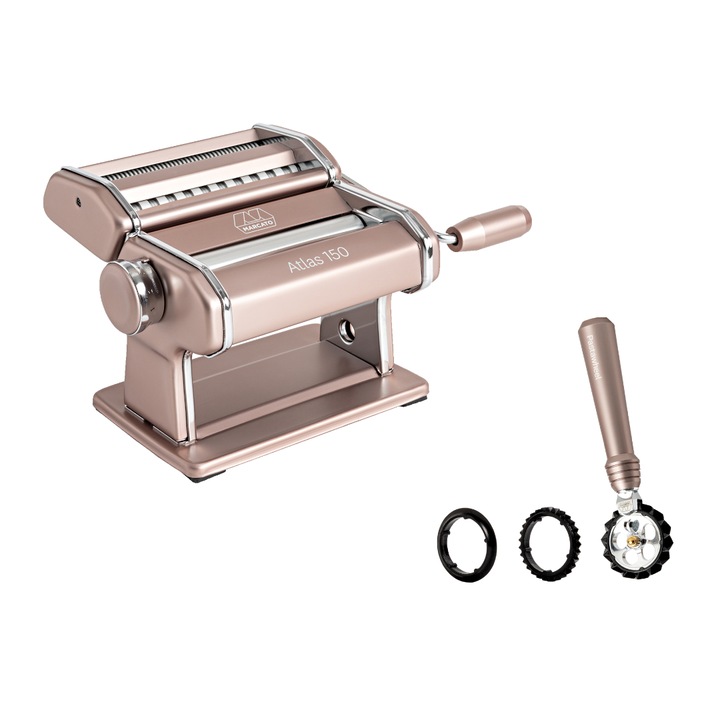 Set Cadou Masina de Facut Paste Marcato Atlas Powder Pink + Accesoriu Taiere Pastawheel, 3 Accesorii, Inox