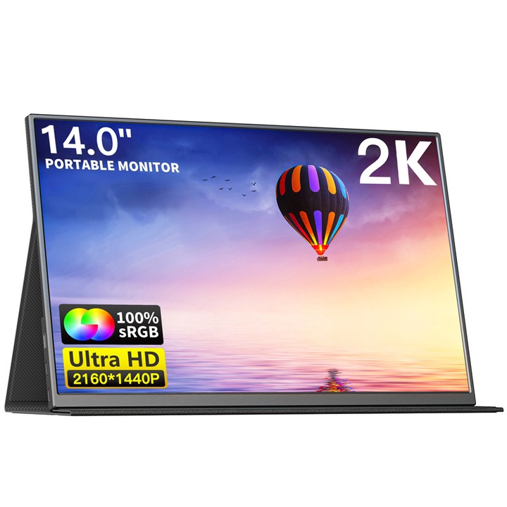 Преносим монитор, 2K (2160x1440), 60 Hz, 14-инчов IPS HD екран, 100% sRGB, време за реакция 6 ms, яркост 300 нита, 6800 K, HDR поддръжка, 16,7 милиона цвята на дисплея, широко приложим, черен