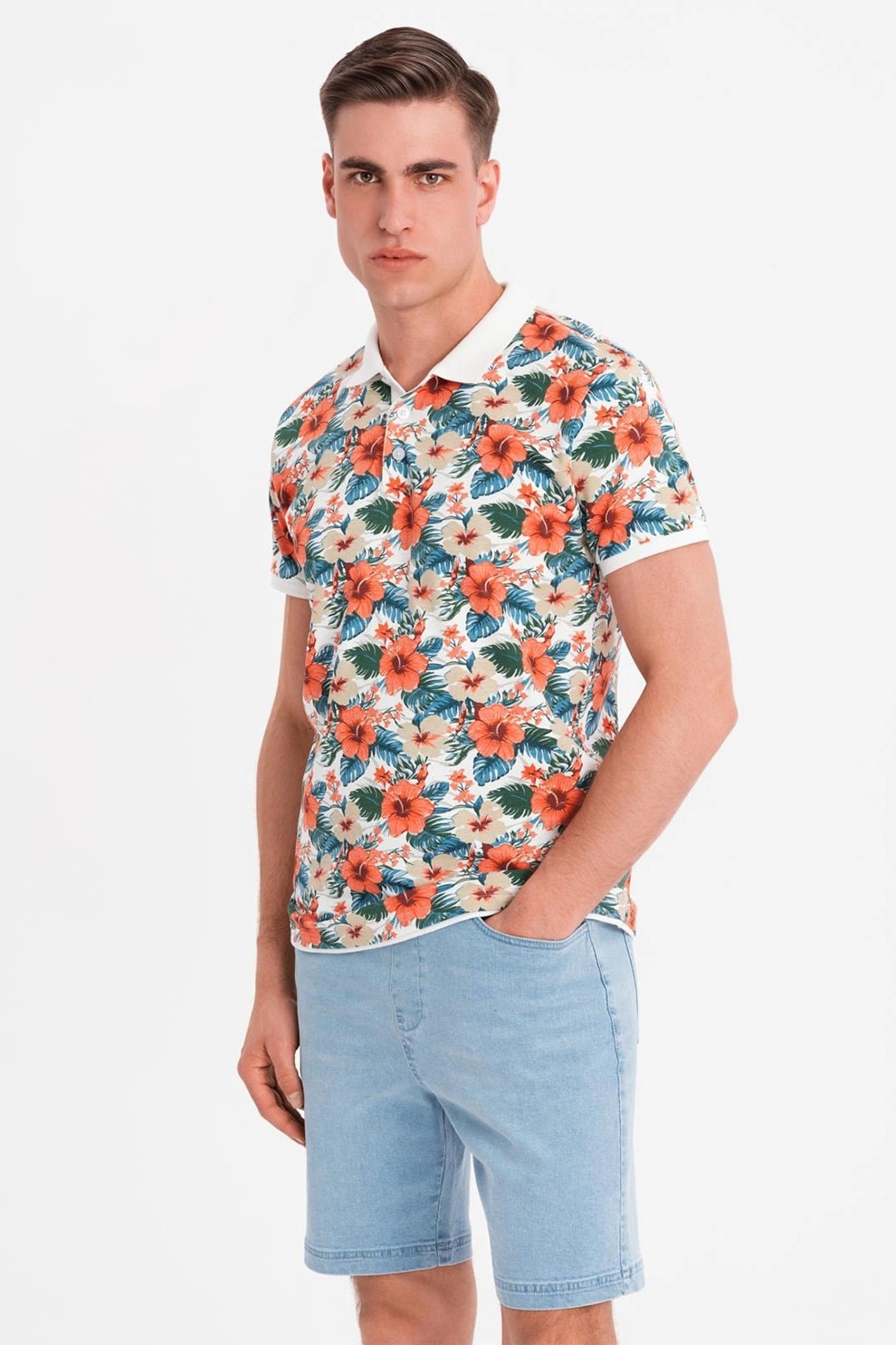 OMBRE, Tricou polo cu model floral, Alb, Portocaliu, Albastru, XL