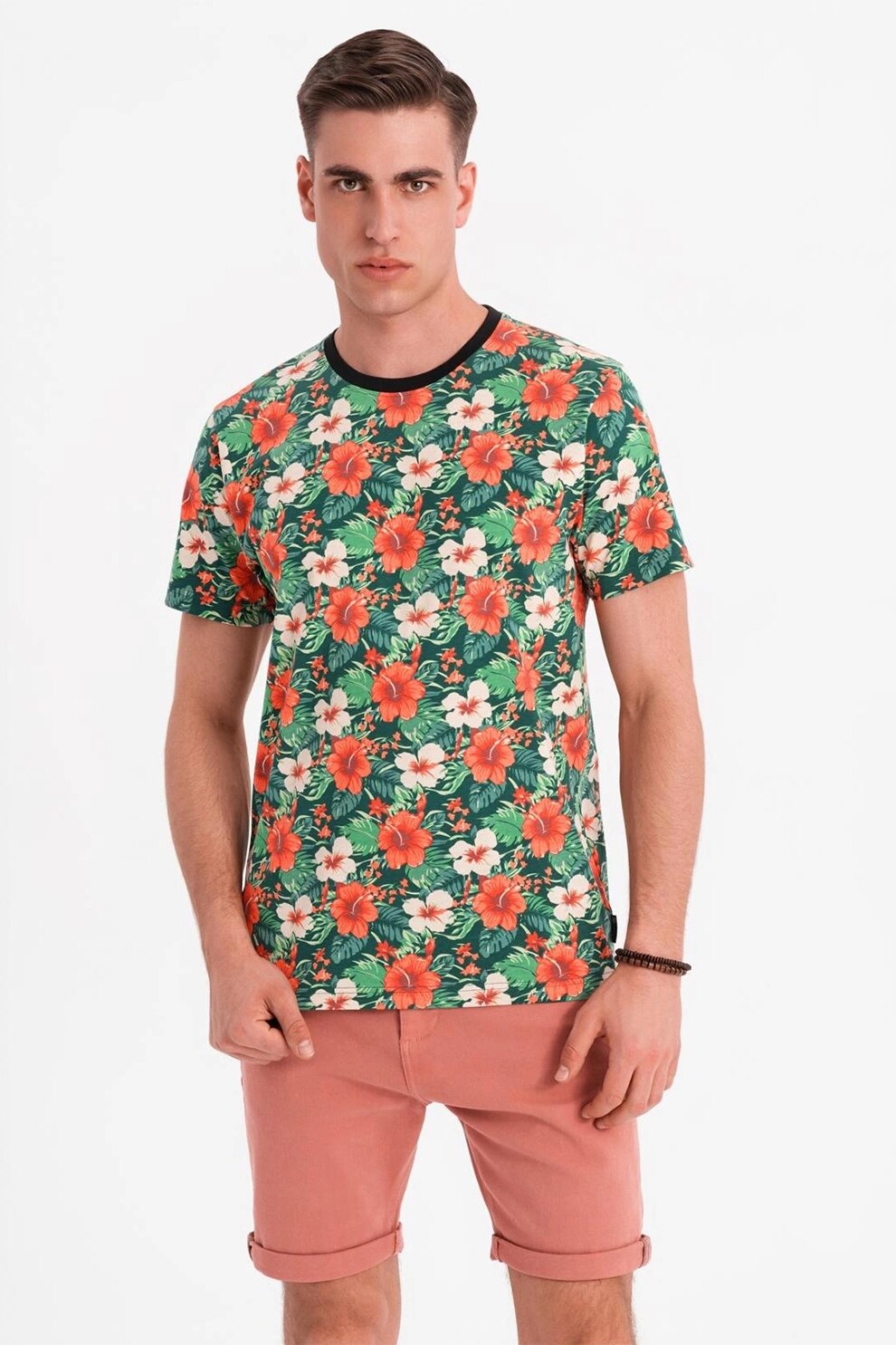 OMBRE, Tricou din bumbac cu model floral, Verde, Negru, Portocaliu, M