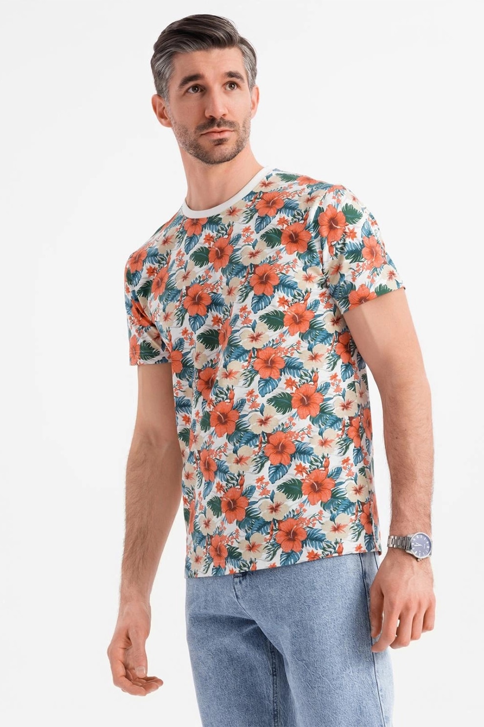 OMBRE, Tricou din bumbac cu model floral, Alb, Verde, Portocaliu, S