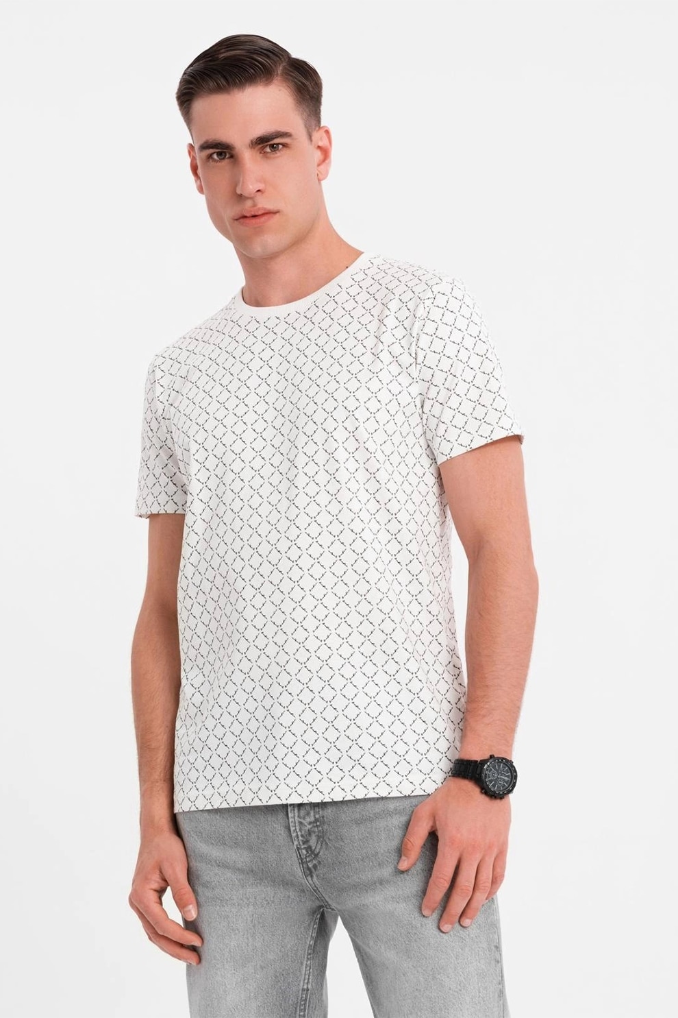 OMBRE, Tricou cu decolteu la baza gatului si model geometric, Alb, Negru, 2XL