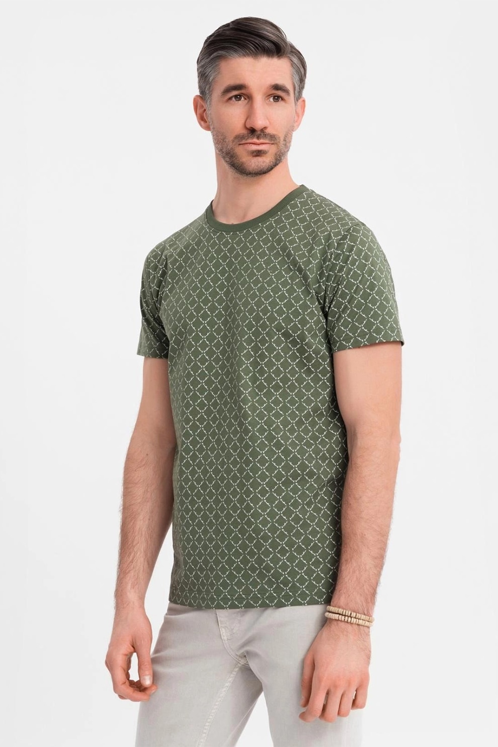 OMBRE, Tricou cu decolteu la baza gatului si model geometric, Verde inchis, Alb murdar, S