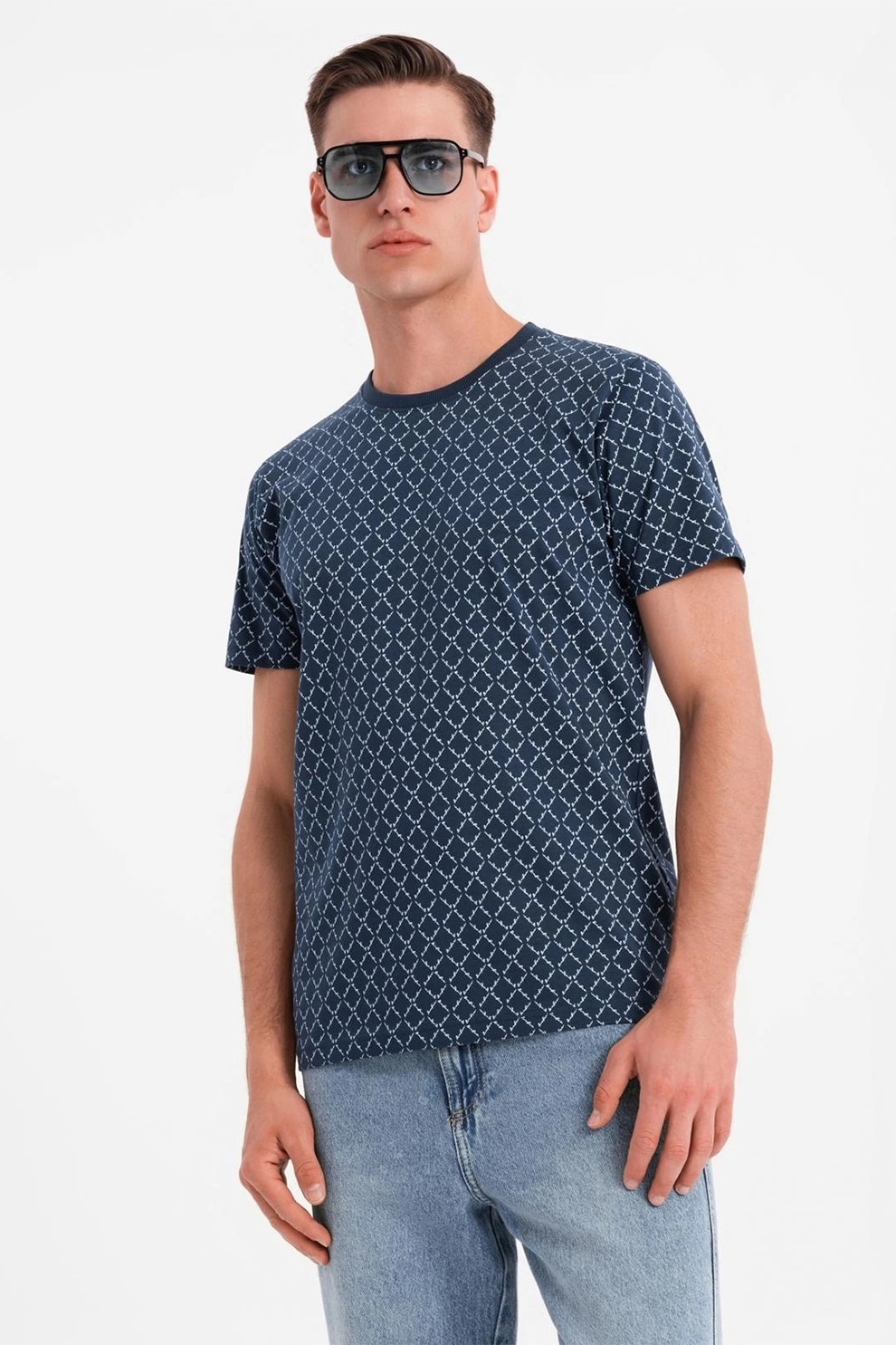 OMBRE, Tricou cu decolteu la baza gatului si model geometric, Alb murdar, Bleumarin, L