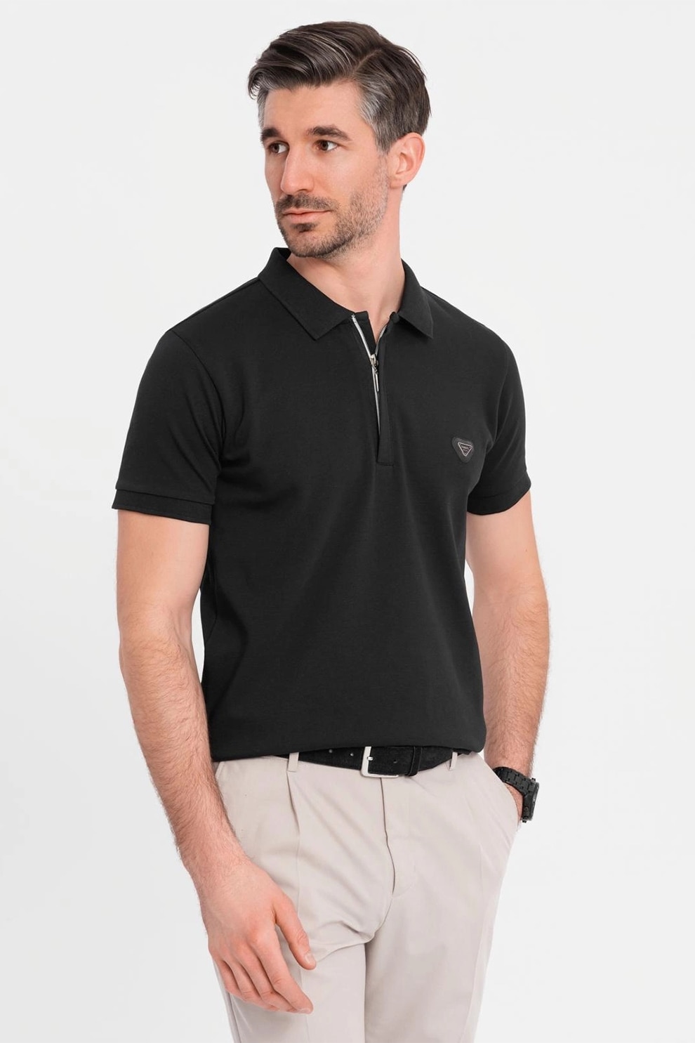OMBRE, Tricou polo cu fenta cu fermoar, Negru, M