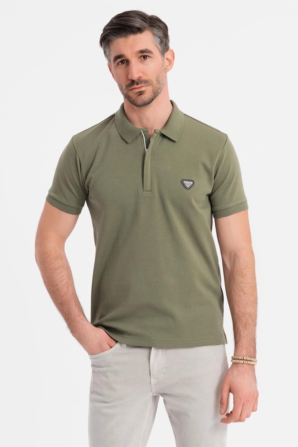 OMBRE, Tricou polo cu fenta cu fermoar, Kaki, 2XL