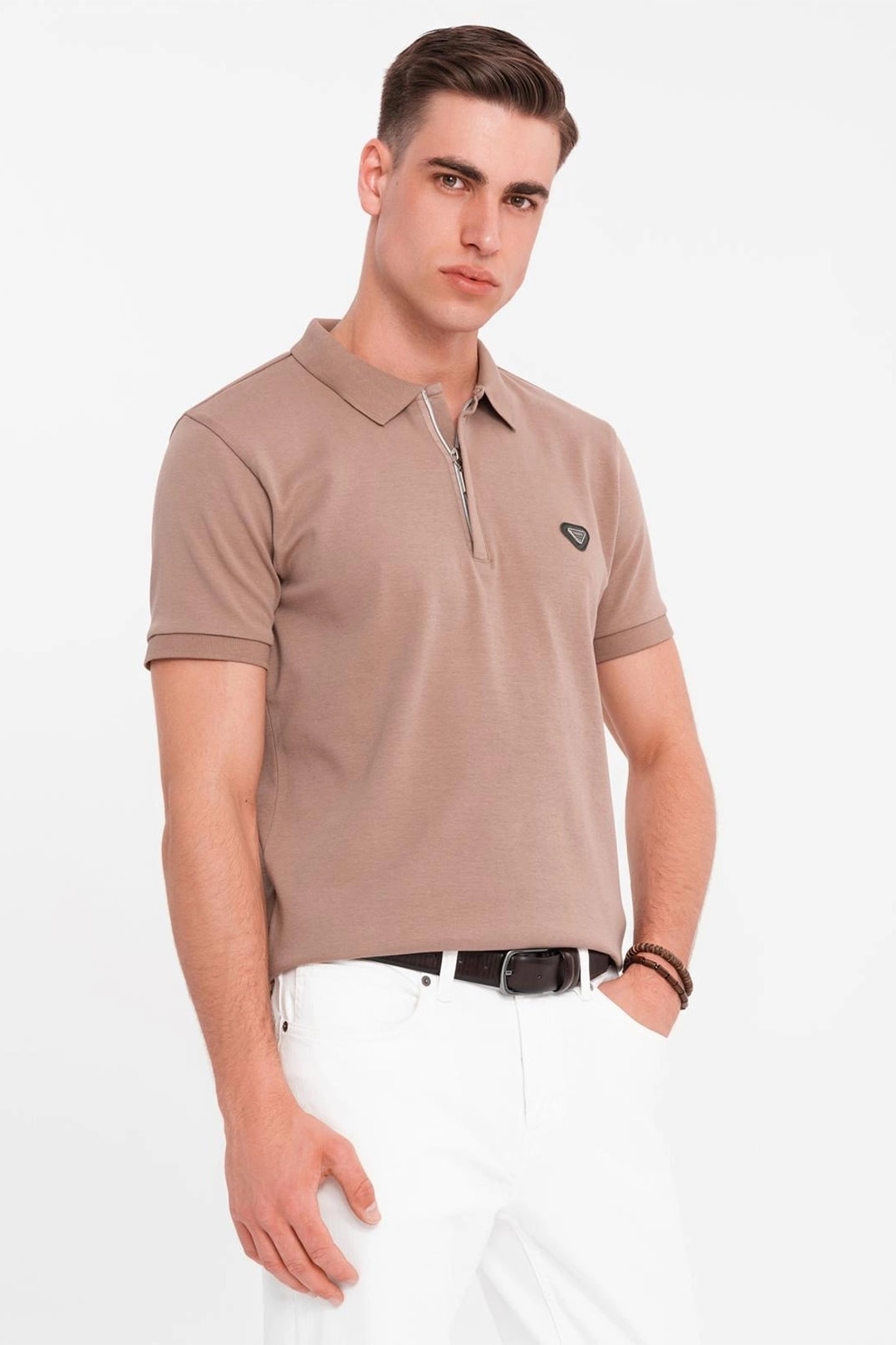 OMBRE, Tricou polo cu fenta cu fermoar, Maro fango, 2XL