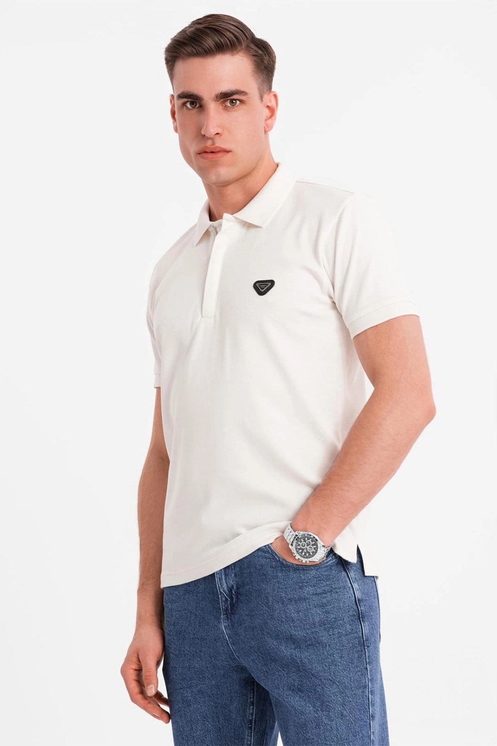 OMBRE, Tricou polo cu fenta cu fermoar, Alb fildes, 2XL