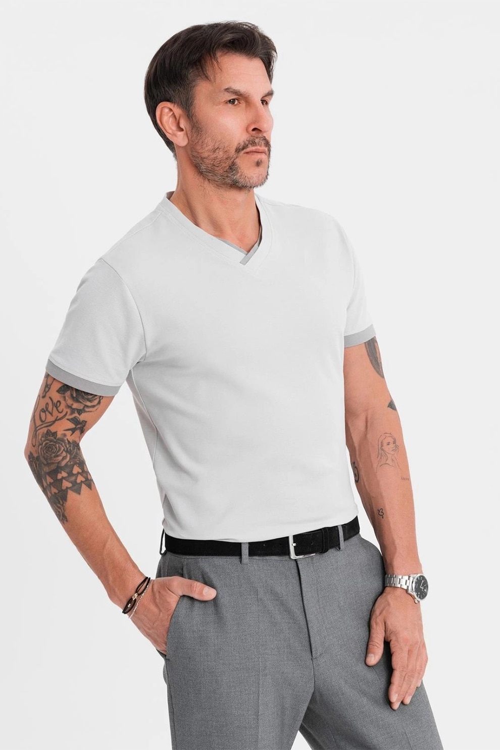 OMBRE, Tricou din bumbac cu decolteu in V, Gri deschis, 2XL