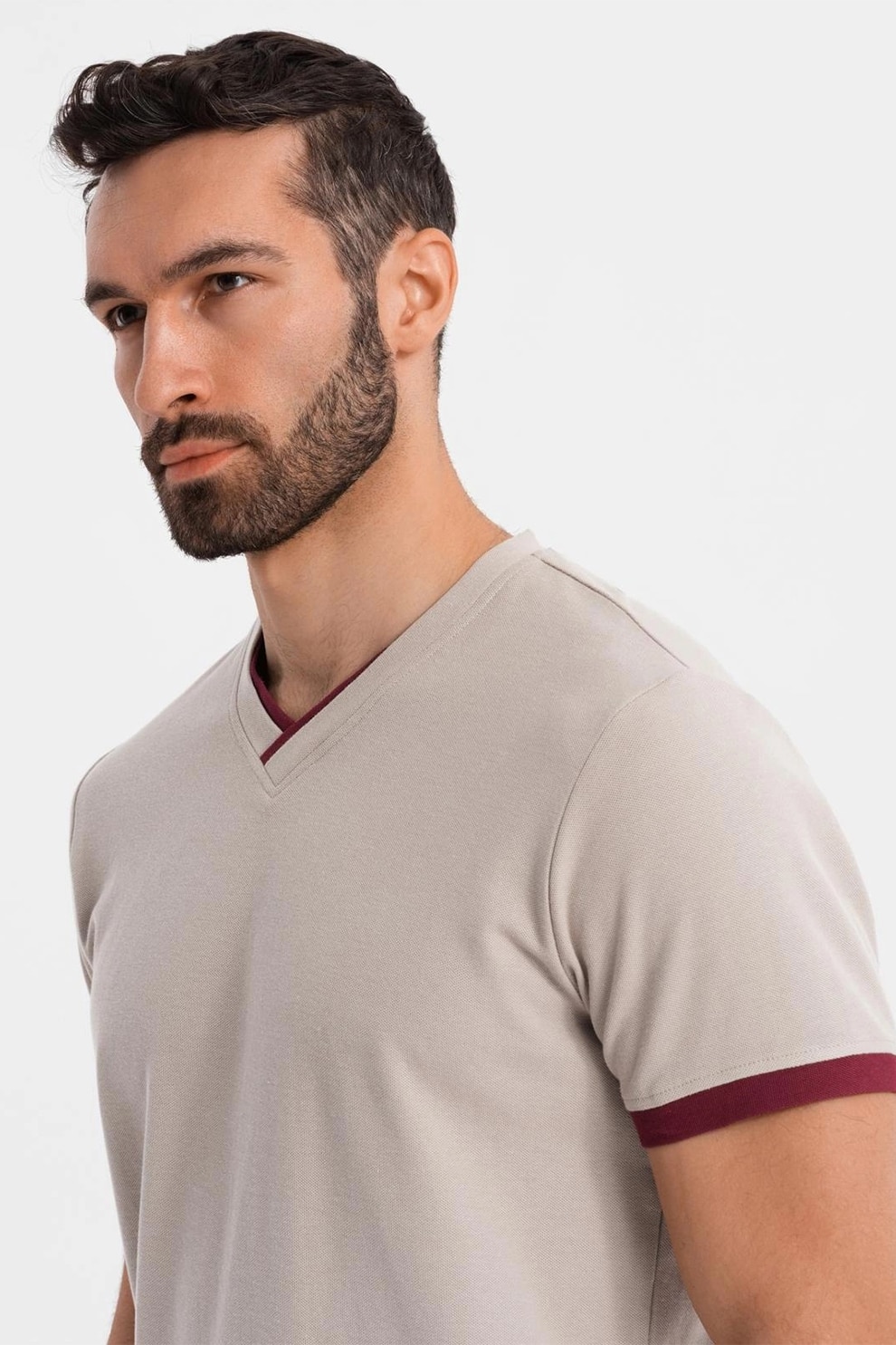 OMBRE, Tricou din bumbac cu decolteu in V, Maro taupe deschis, XL