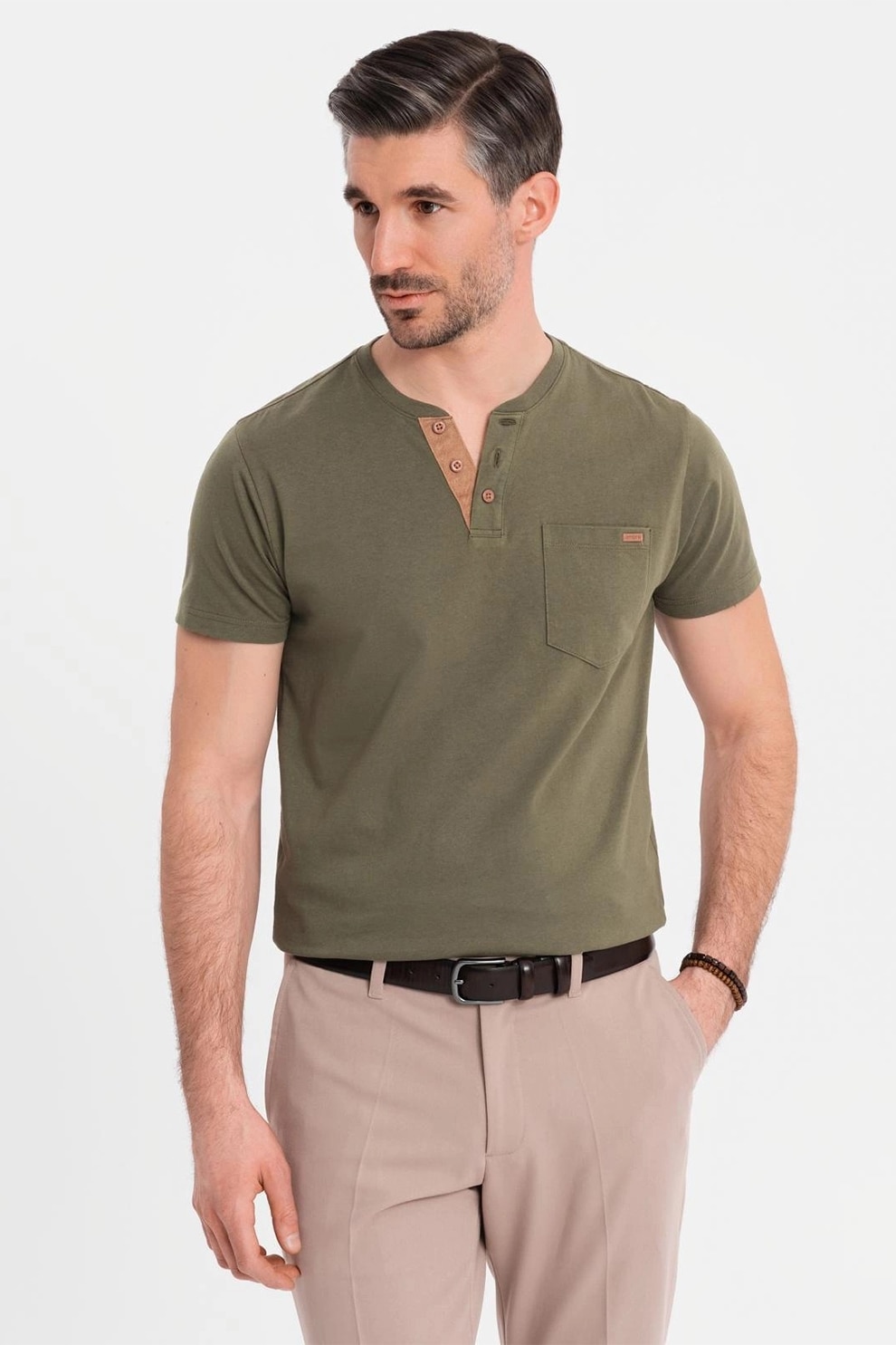 OMBRE, Tricou din bumbac cu fenta cu nasturi, Verde inchis, S