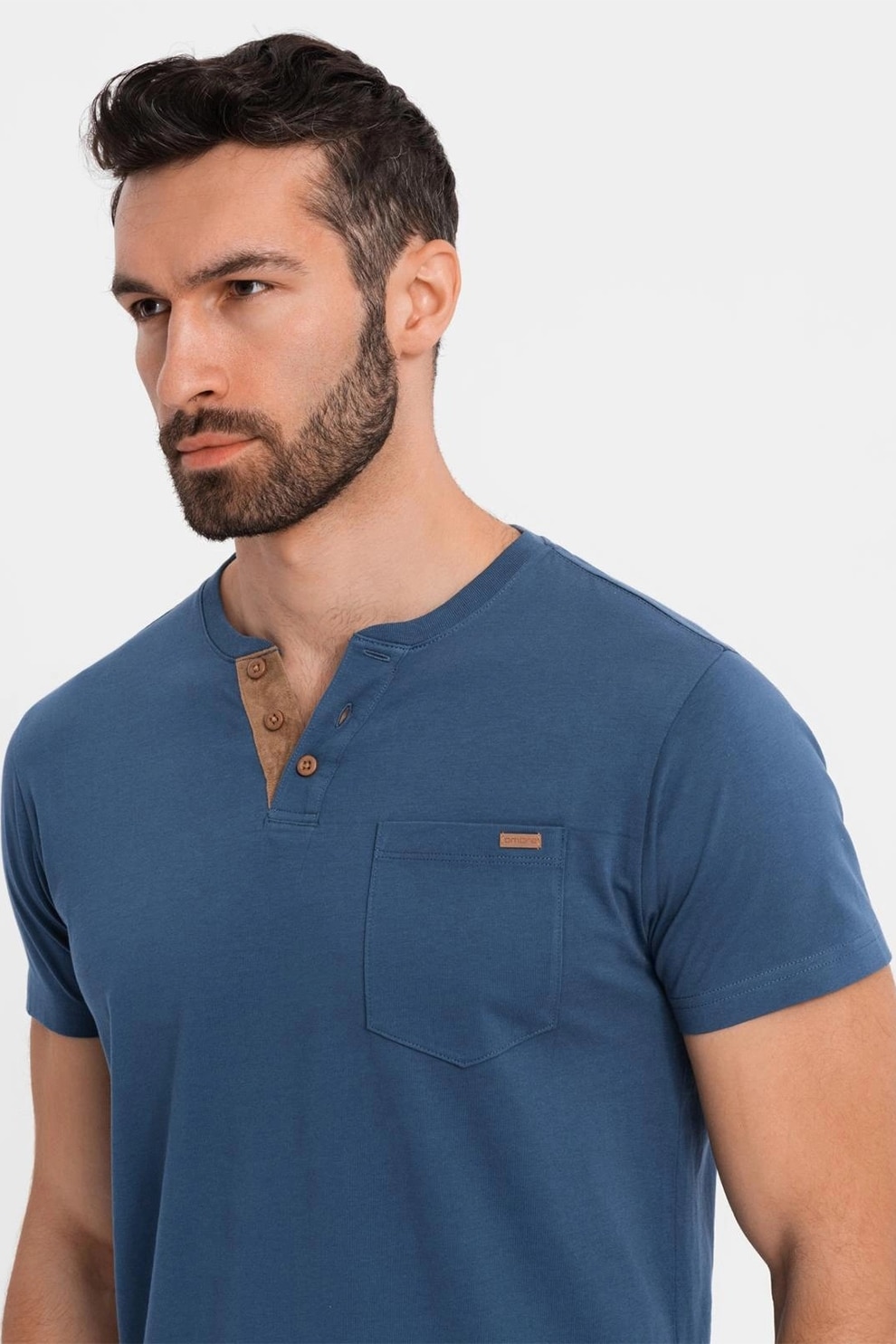 OMBRE, Tricou din bumbac cu fenta cu nasturi, Albastru inchis, S
