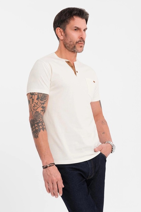 OMBRE, Tricou din bumbac cu fenta cu nasturi, Alb fildes