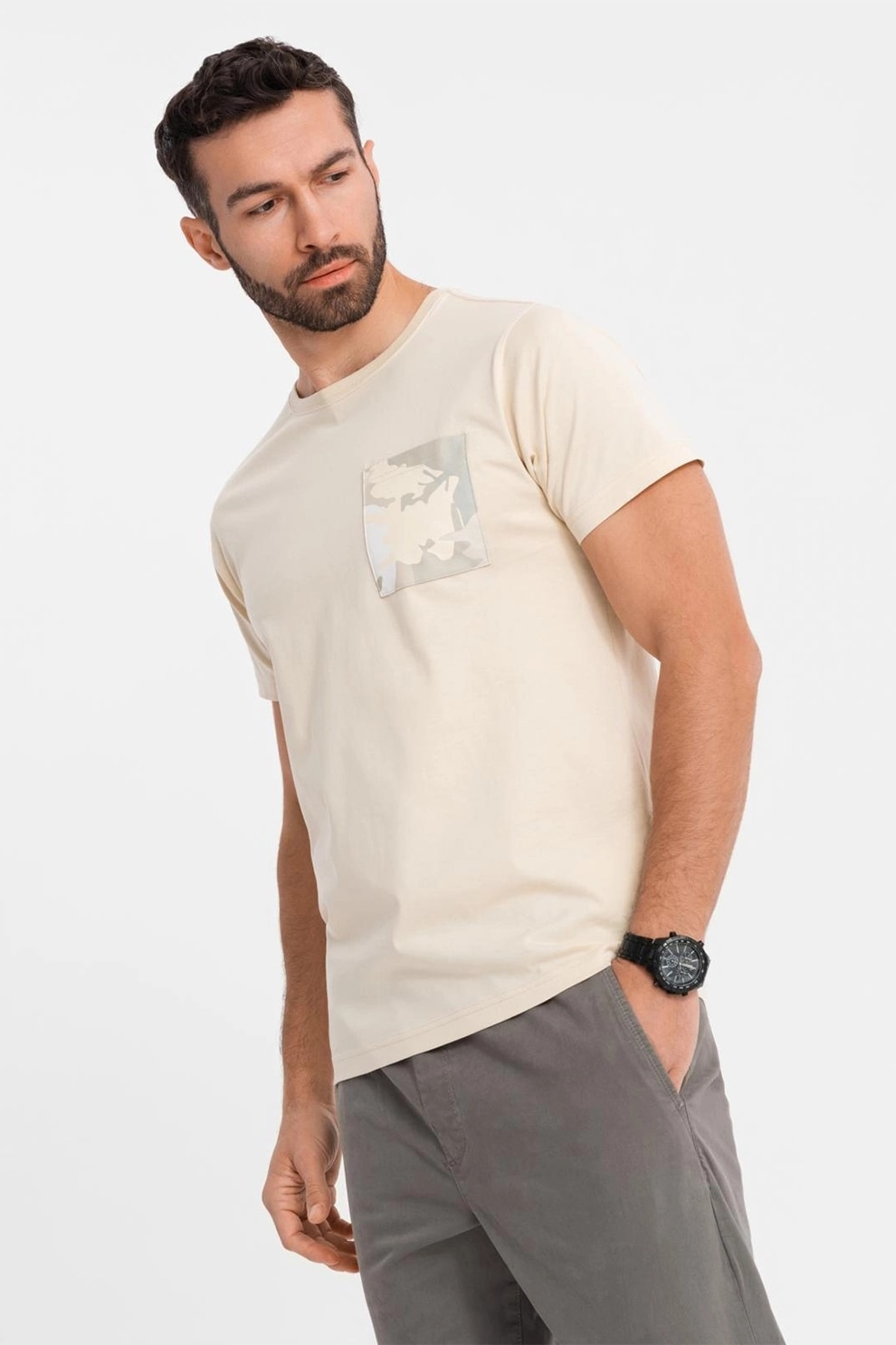 OMBRE, Tricou regular fit cu buzunar pe piept, Bej deschis, L