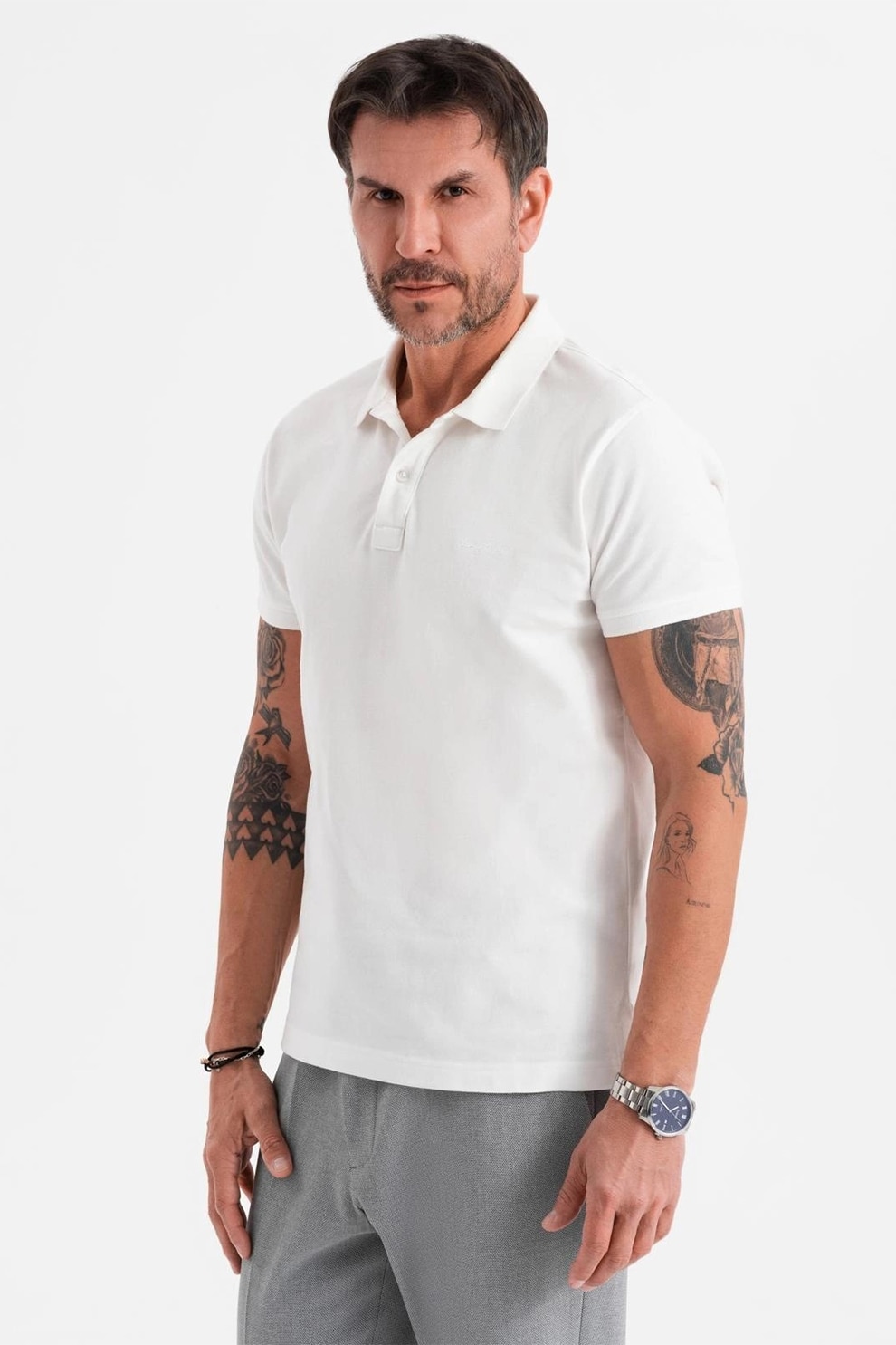 OMBRE, Tricou regular fit de bumbac cu guler polo, Alb murdar, S