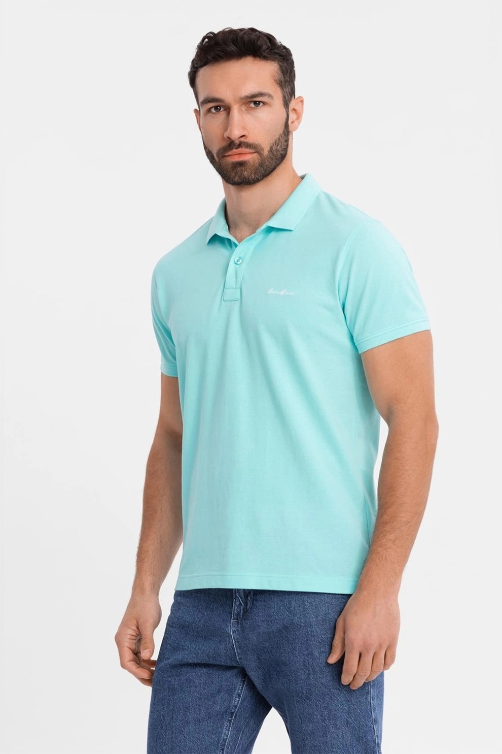 OMBRE, Tricou regular fit de bumbac cu guler polo, Turcoaz, L